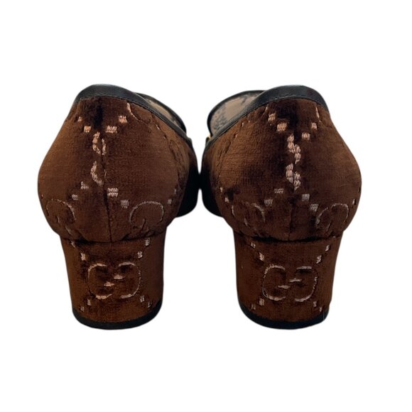 GUCCI Velvet GG Logo Block Heel Brown Square Toe Mules Loafers Flats Cat \\ 37 - Picture 5 of 13